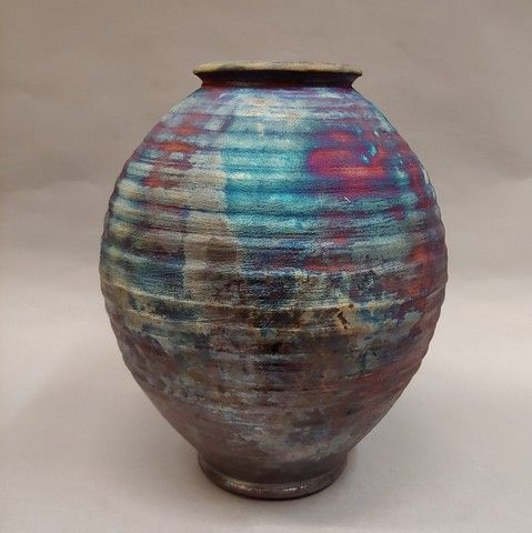 Vase, Ribbed Raku 9.75 x 8 at Hunter Wolff Gallery